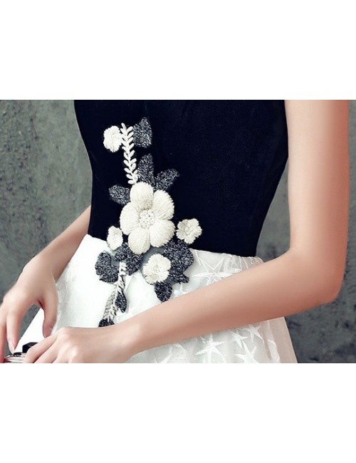 Rochie de seara lungime medie alb-negru cu bretele