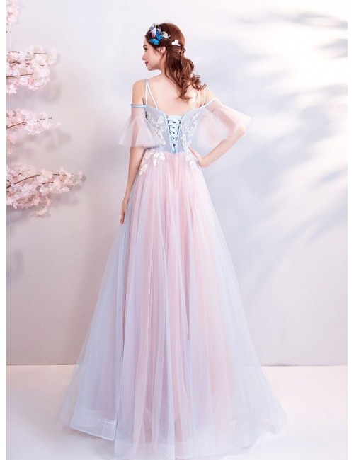 Rochie de seara lunga roz pudra-albastru cu imprimeuri florale