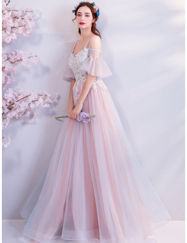 Apartment matchmaker Loosen Rochie de seara lunga roz pudra-albastru cu imprimeuri florale - SC Andoni  Online SRL