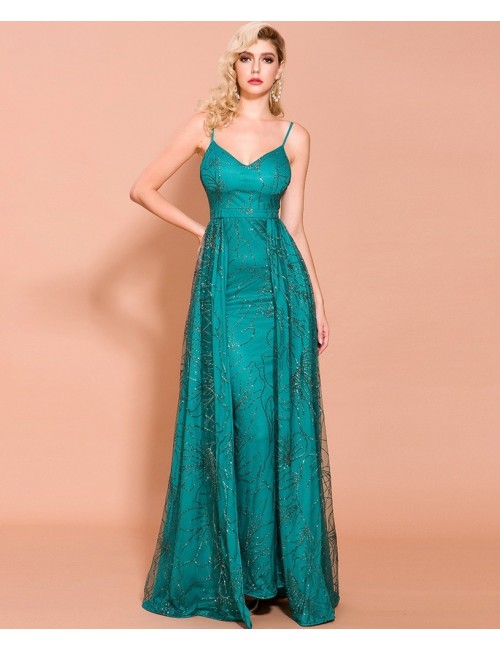 Rochie de seara tip sirena cu bretele verde marin-auriu