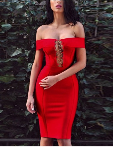 short red off-shoulder bandage evening dress with bust hollow out