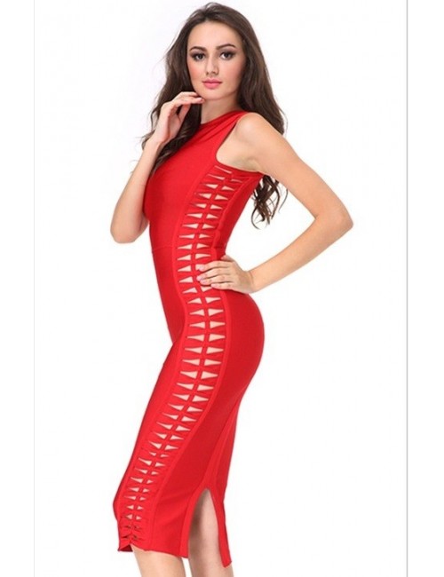 middle long red bandage evening dress with hollow out side